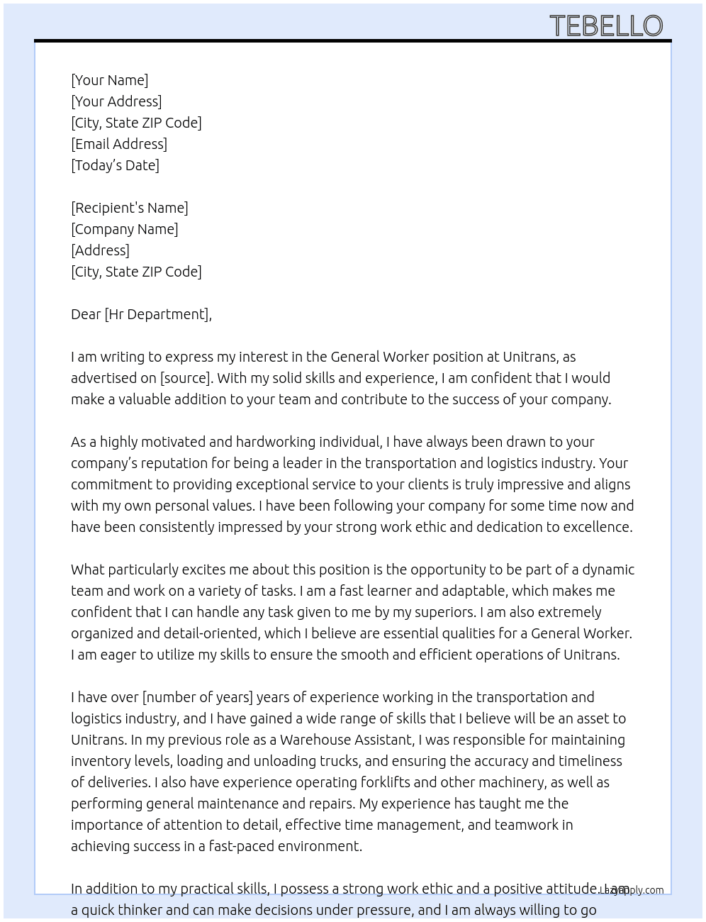 General worker  At Unitrans Cover Letter