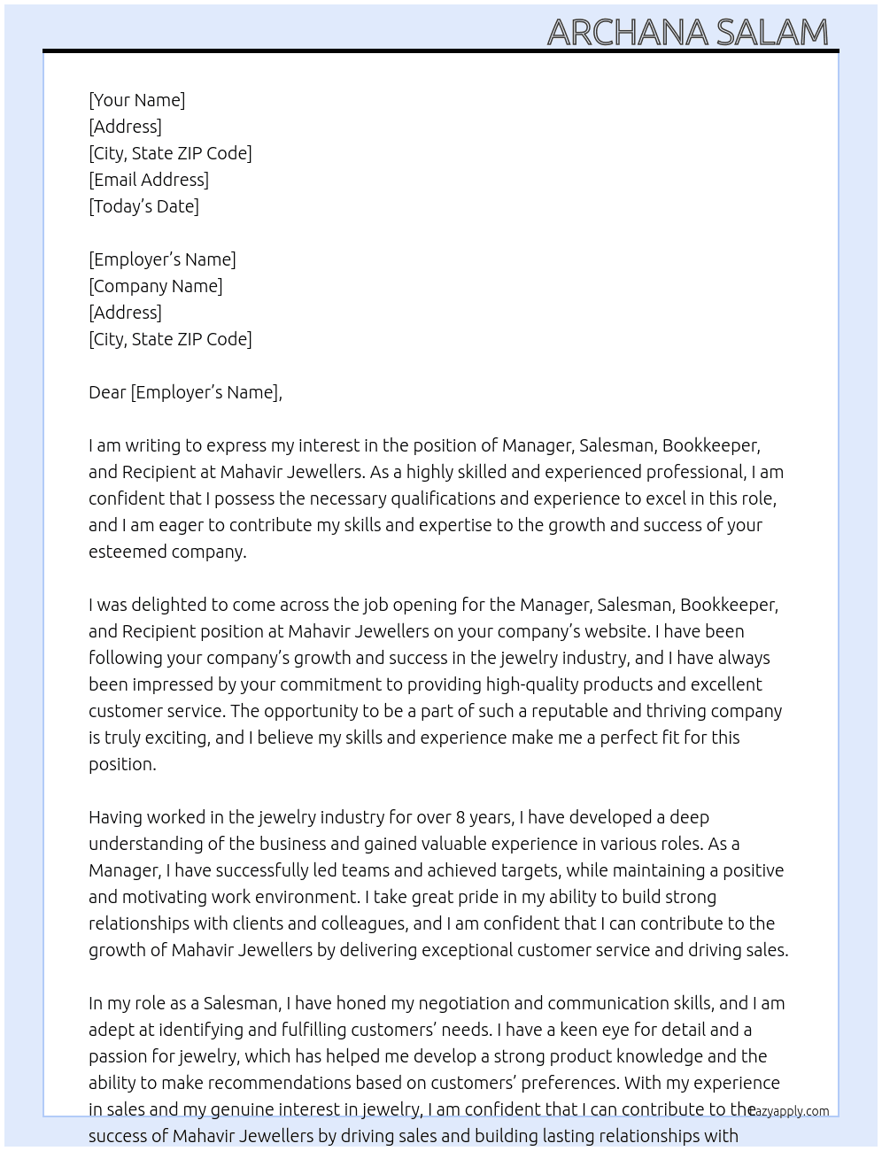 Manger, salesman, bookkeeper, recipient At Mahavir jewellers Cover Letter