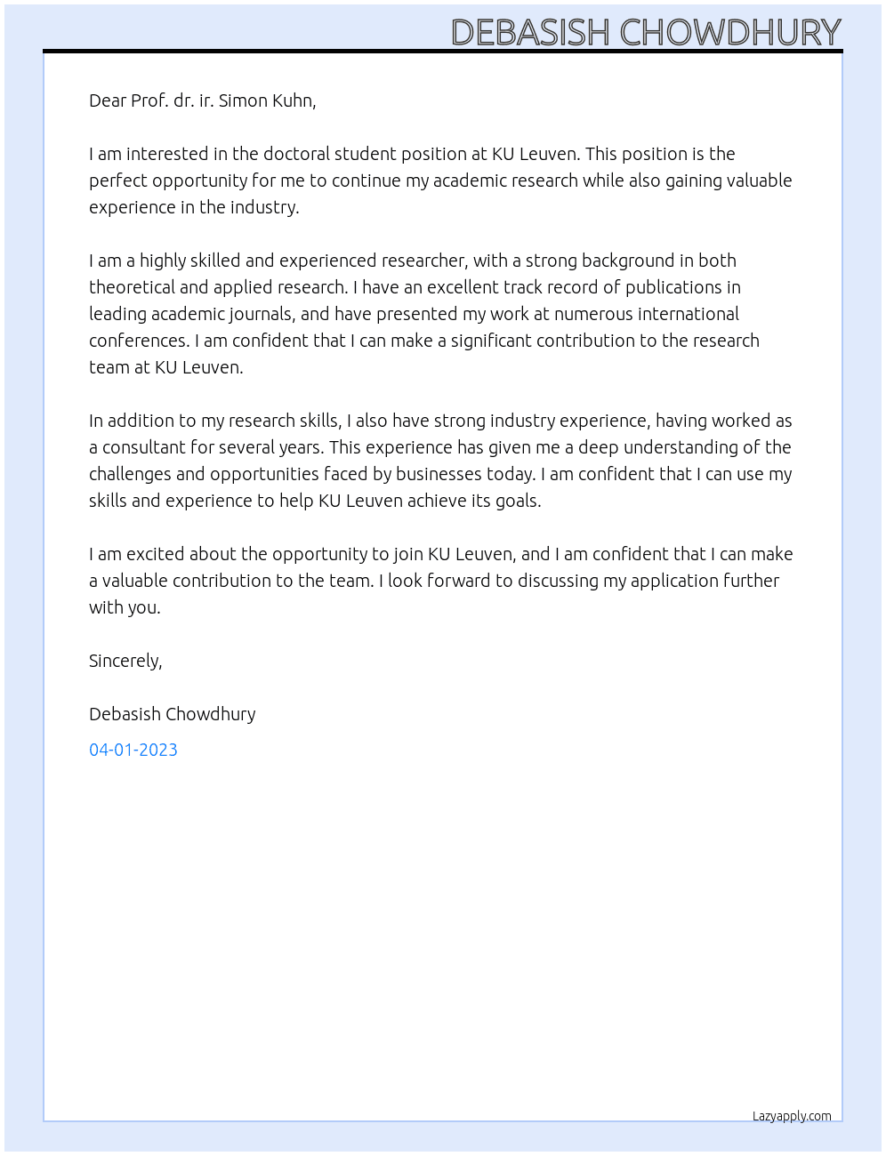 doctoral student At KU Leuven Cover Letter