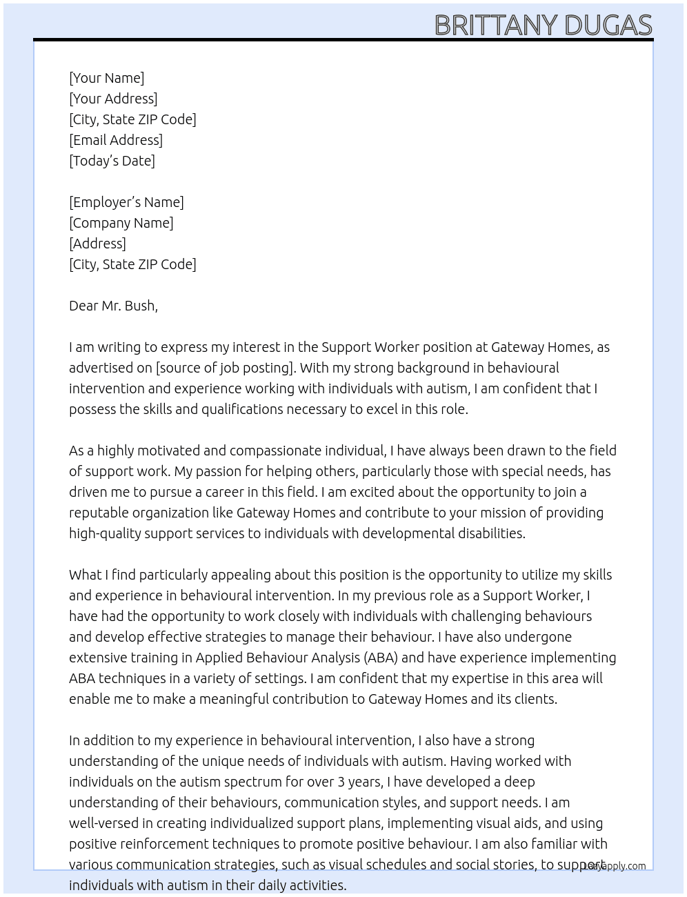 Support Worker At Gateway Homes Cover Letter
