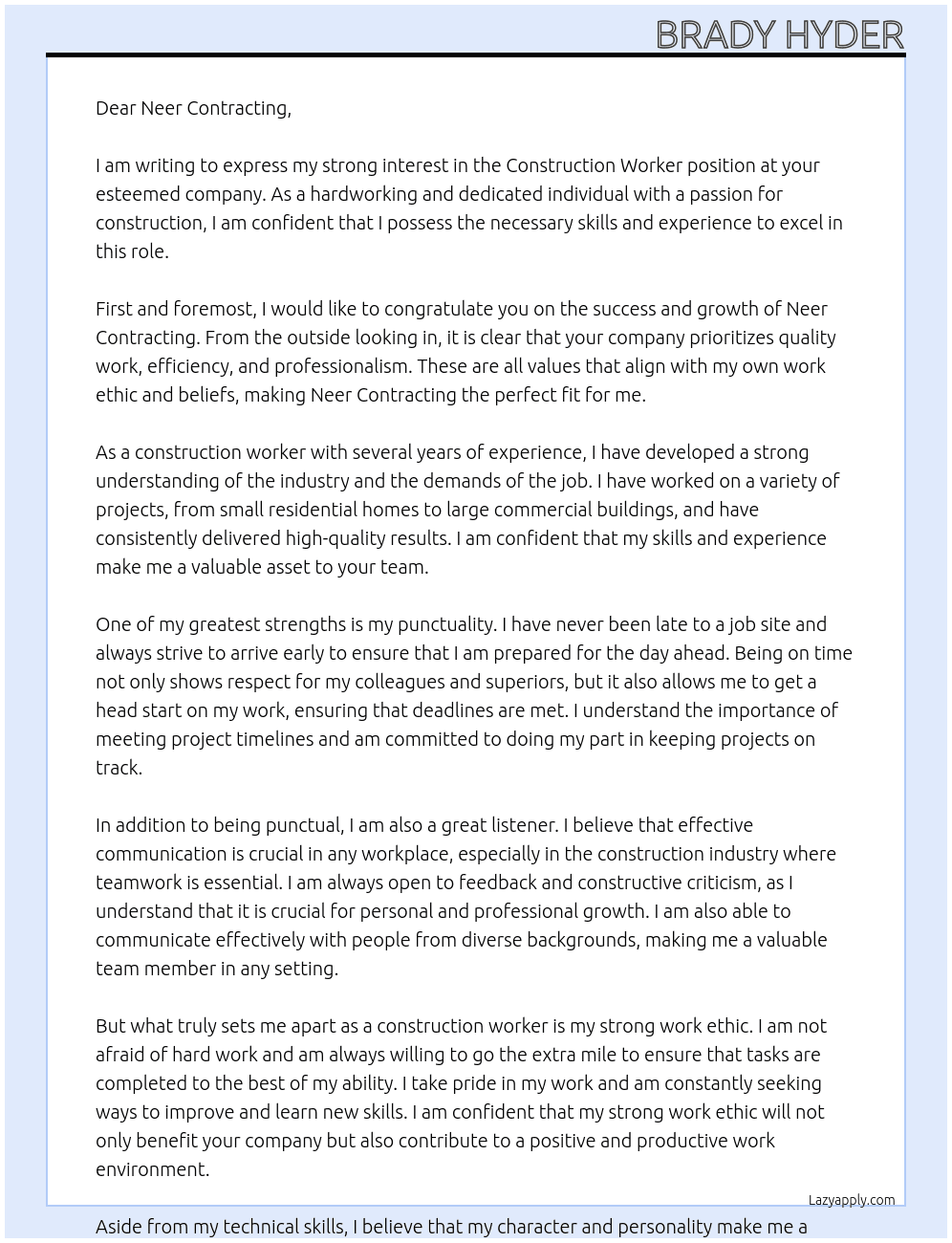 Construction worker At Neer contracting  Cover Letter