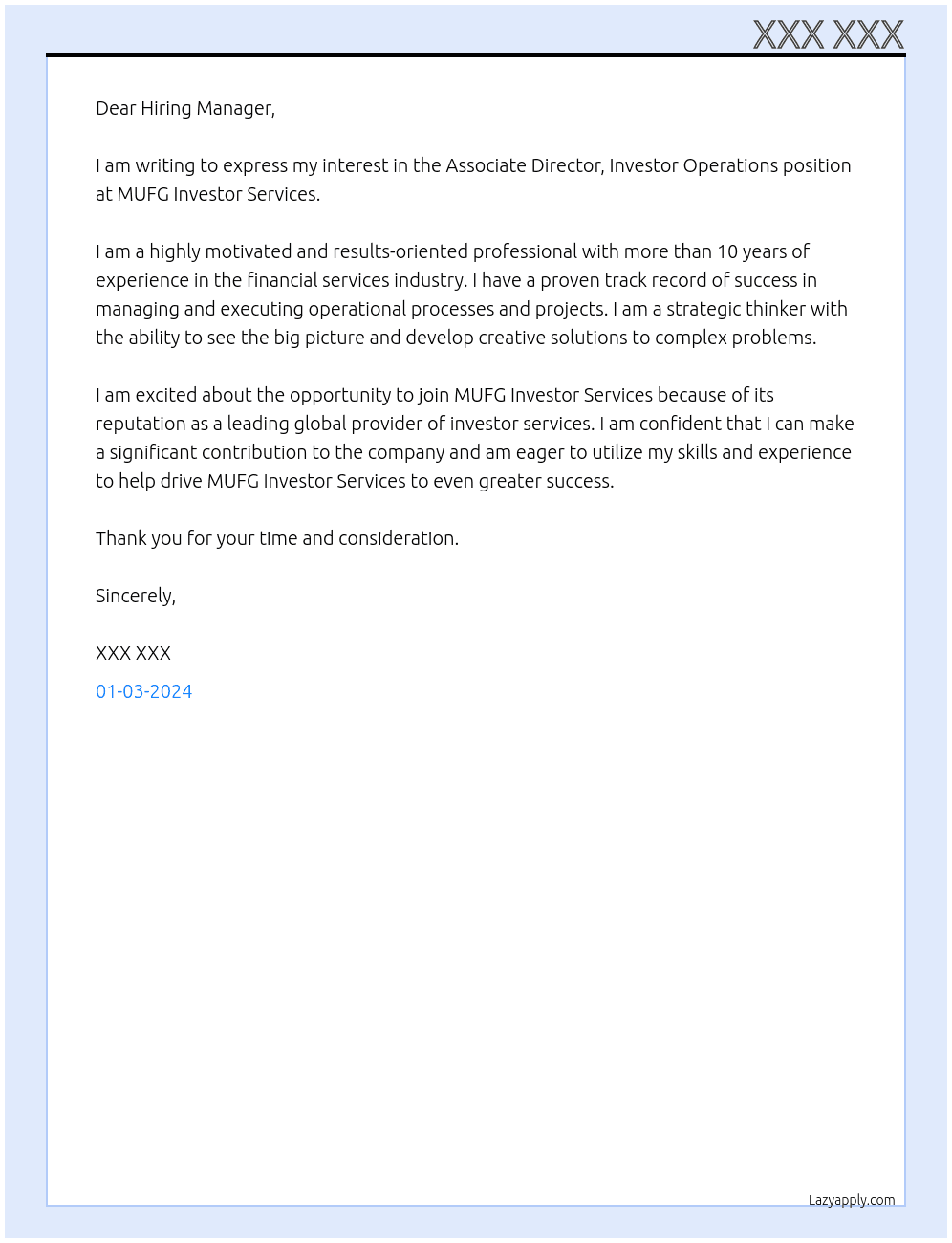 Associate Director, Investor Operations At MUFG Investor Services Cover Letter