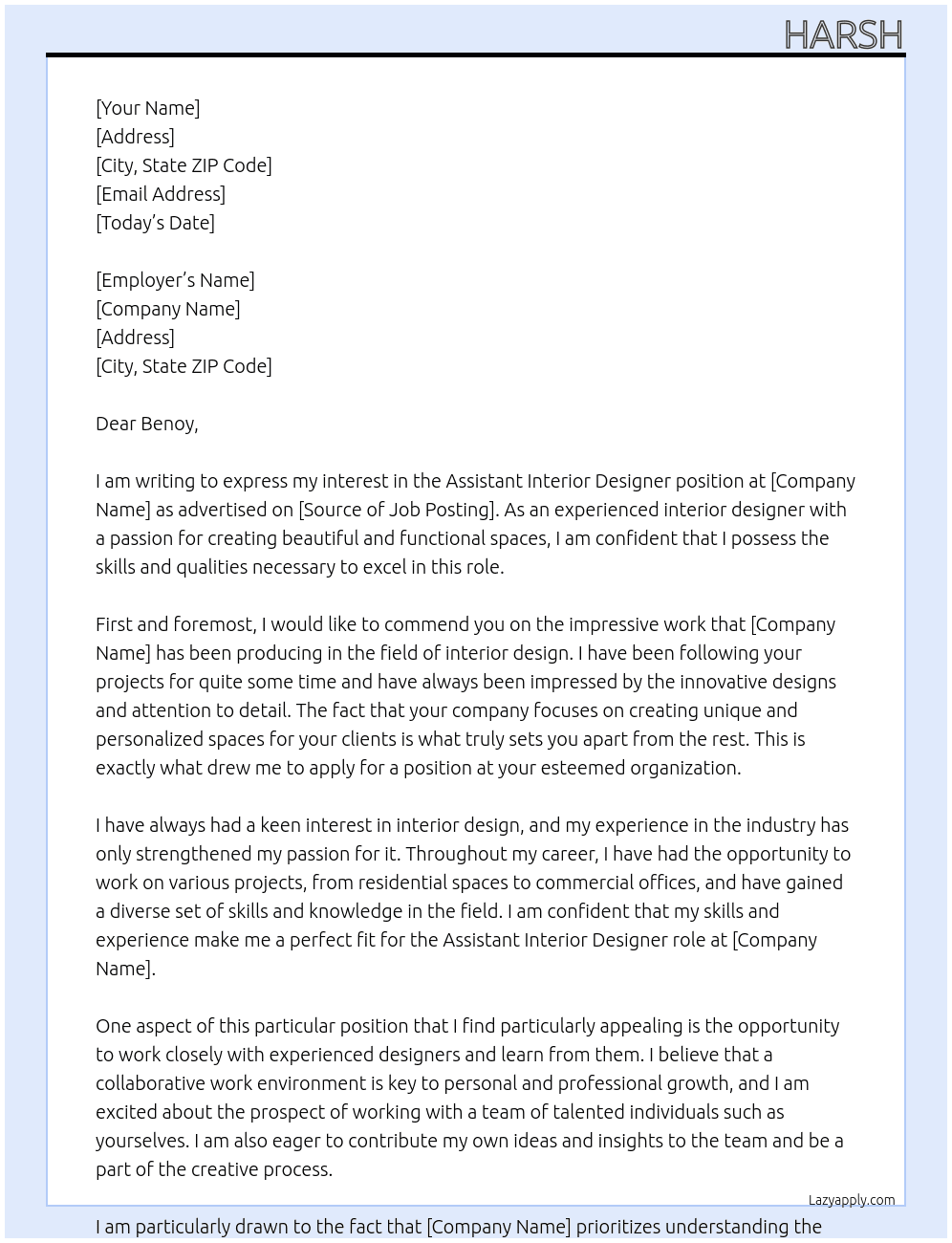 Assistant Interior Designer At Benoy Cover Letter