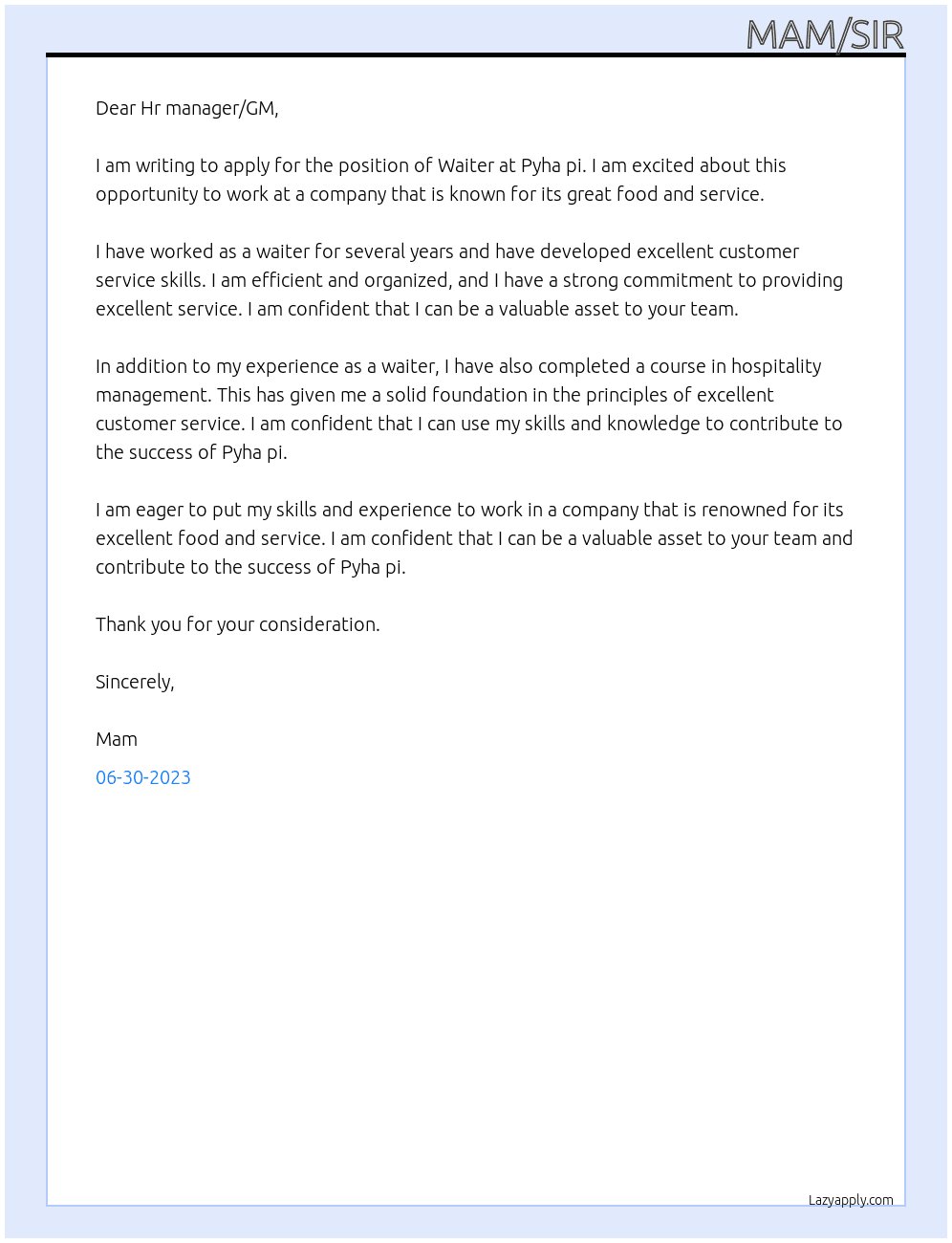 Waiter  At Pyha pi Cover Letter