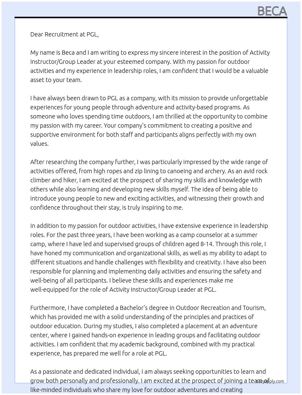 Activity instructor/group leader At PGL Cover Letter