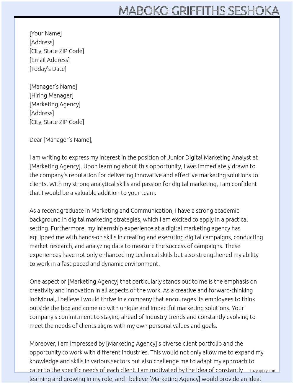 Junior Digital Marketing Anaylist At Marketing Agency Cover Letter