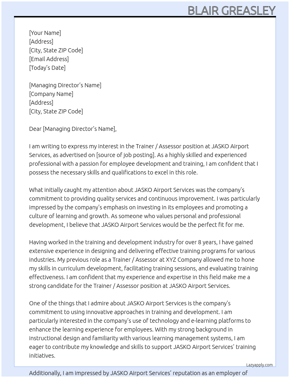 Trainer / Assessor At JASKO Airport Services Cover Letter