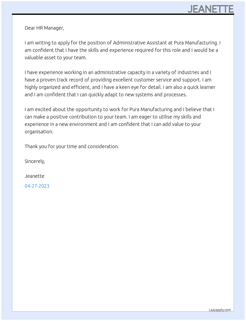 Administrative Assistant At Pura Manufacturing Cover Letter