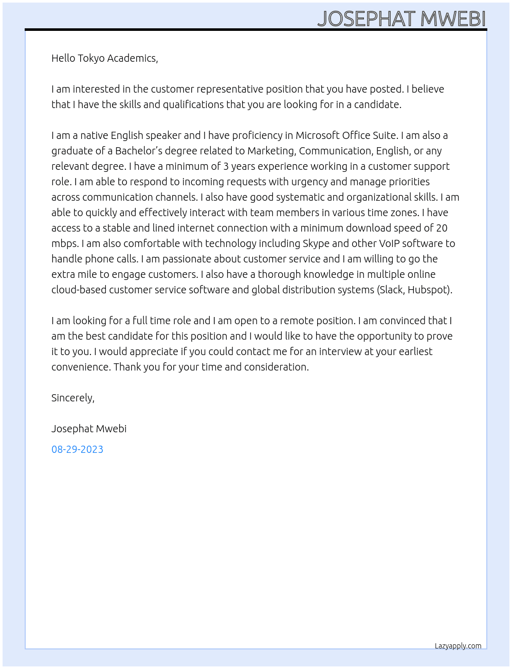 Customer Representative  At Tokyo Academics Cover Letter