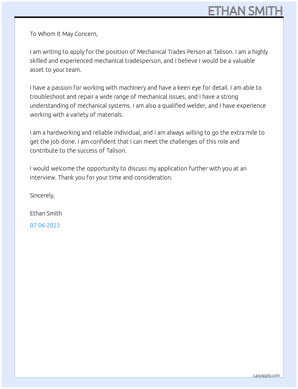 Mechanical Trades Person At Talison Cover Letter