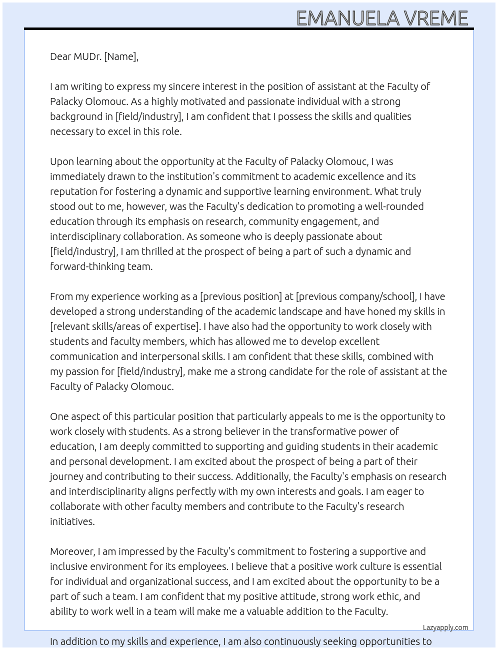 assistant  At Faculty of Palacky Olomouc  Cover Letter