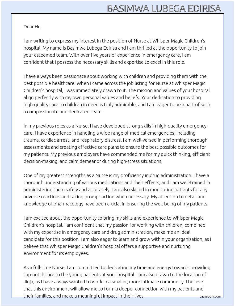 Nurse At Whisper Magic Children’s hospital  Cover Letter
