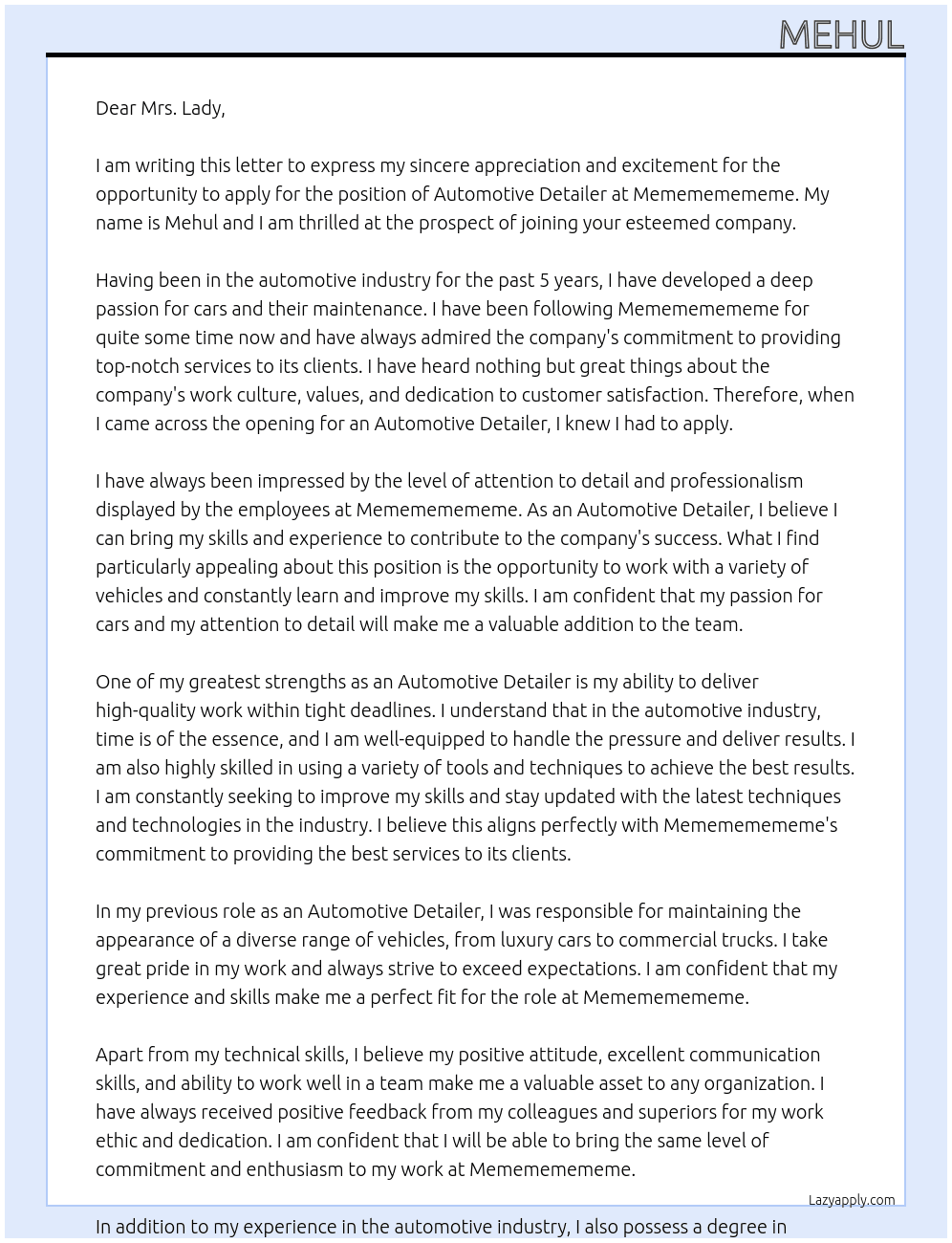 Automotive Detailer At memememememe Cover Letter