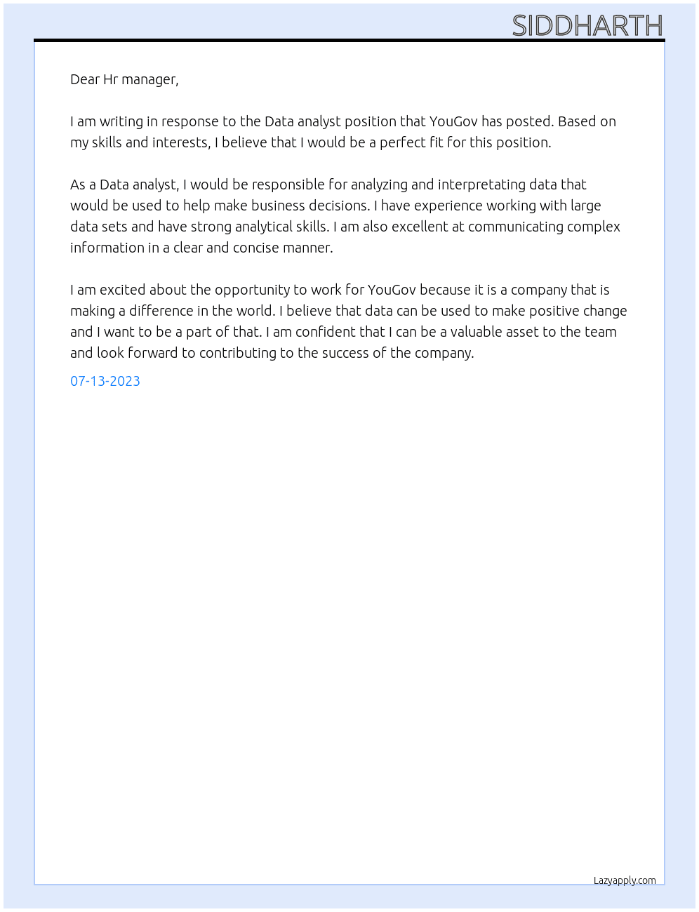 Data analyst At YouGov Cover Letter