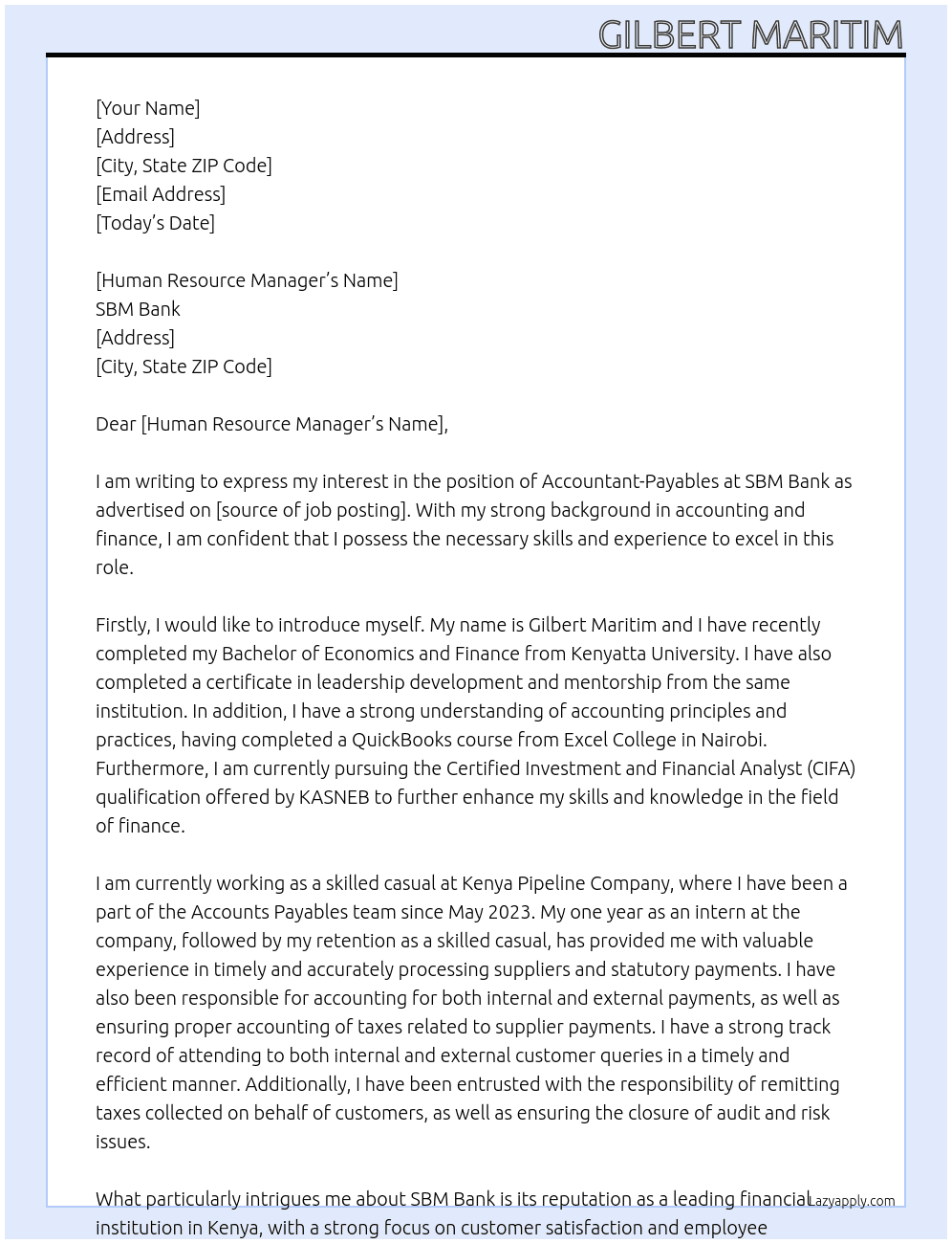 Accountant-Payables At SBM BANK Cover Letter