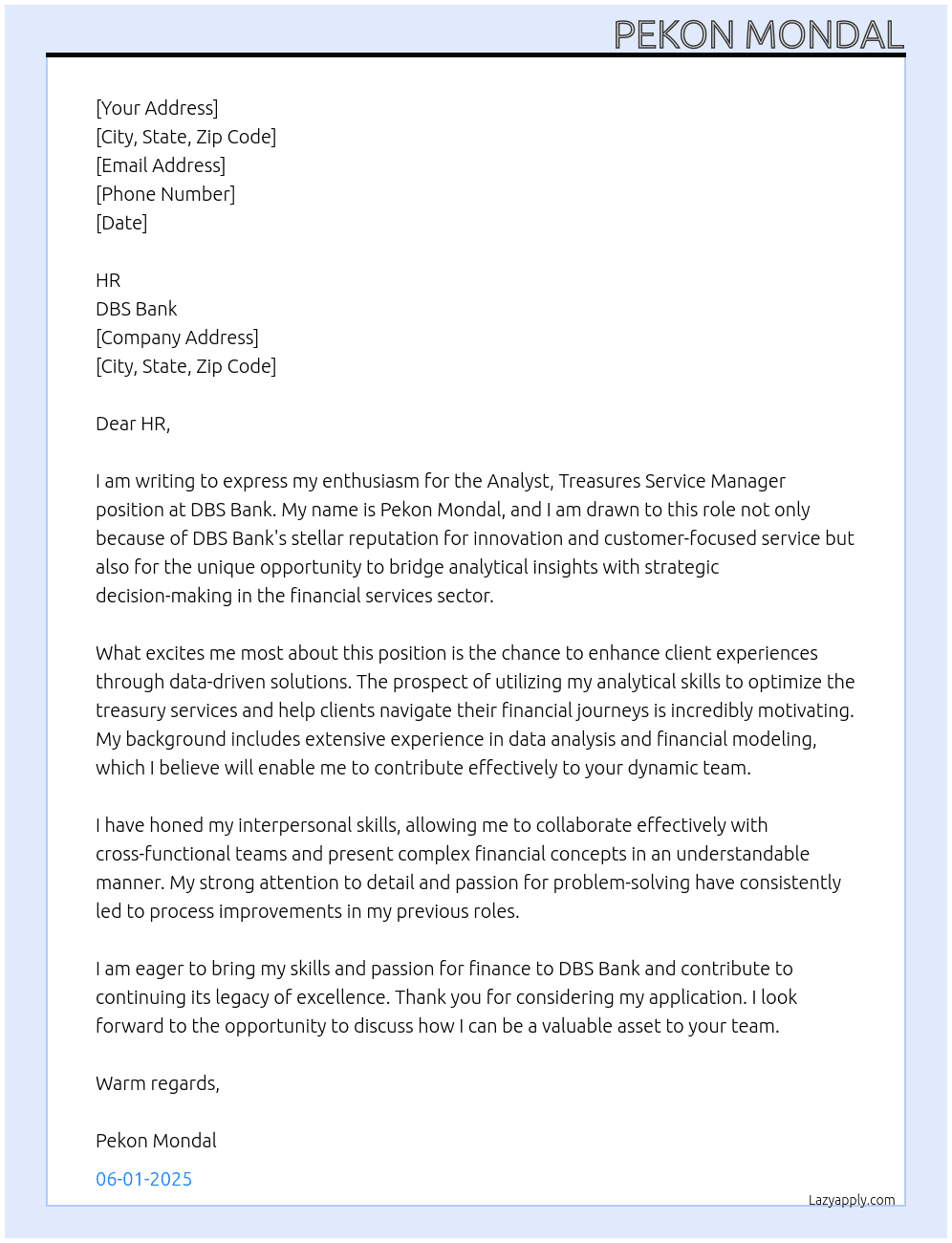 Analyst, Treasures Service Manager At DBS BANK Cover Letter