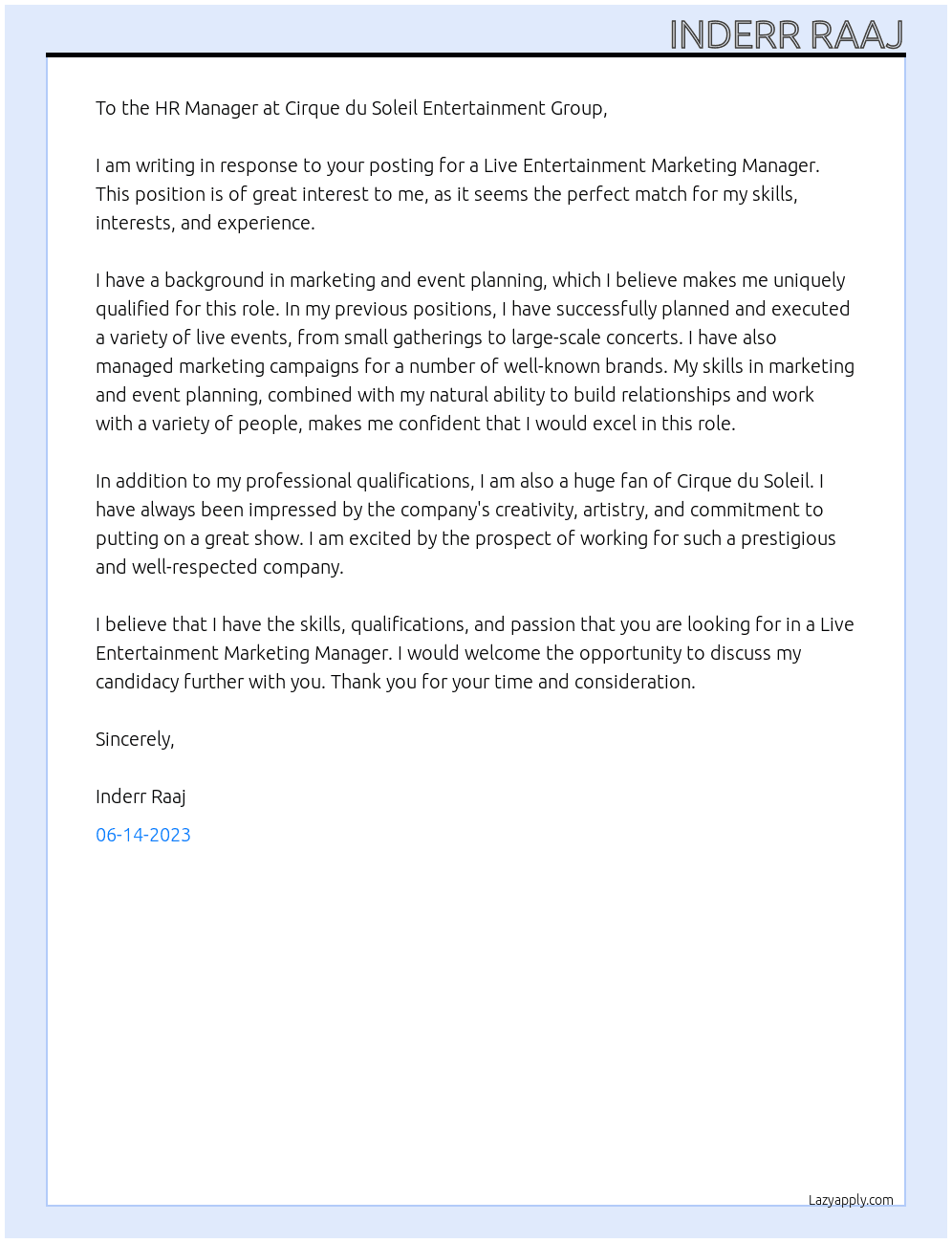 Live Entertainment Marketing Manager  At Cirque du Soleil Entertainment Group   Cover Letter