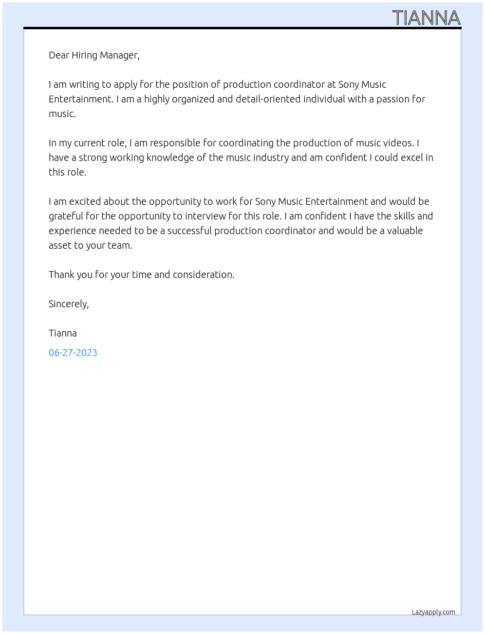 production coordinator At Sony Music Entertainment Cover Letter