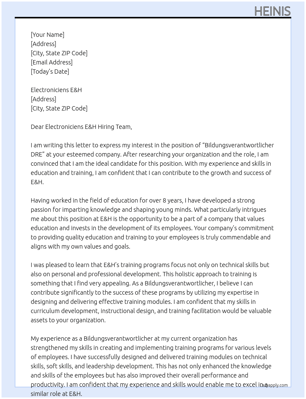 „Bildungsverantwortlicher DRE At E&H Cover Letter