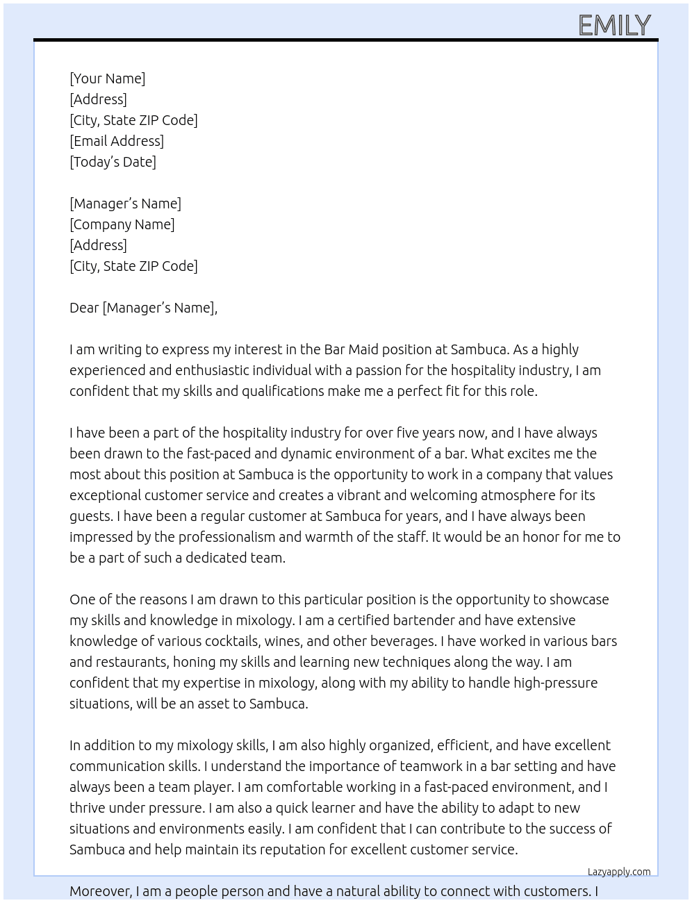 Bar maid At Sambuca Cover Letter