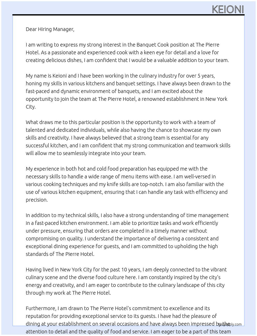 Banquet Cook At The Pierre Hotel Cover Letter