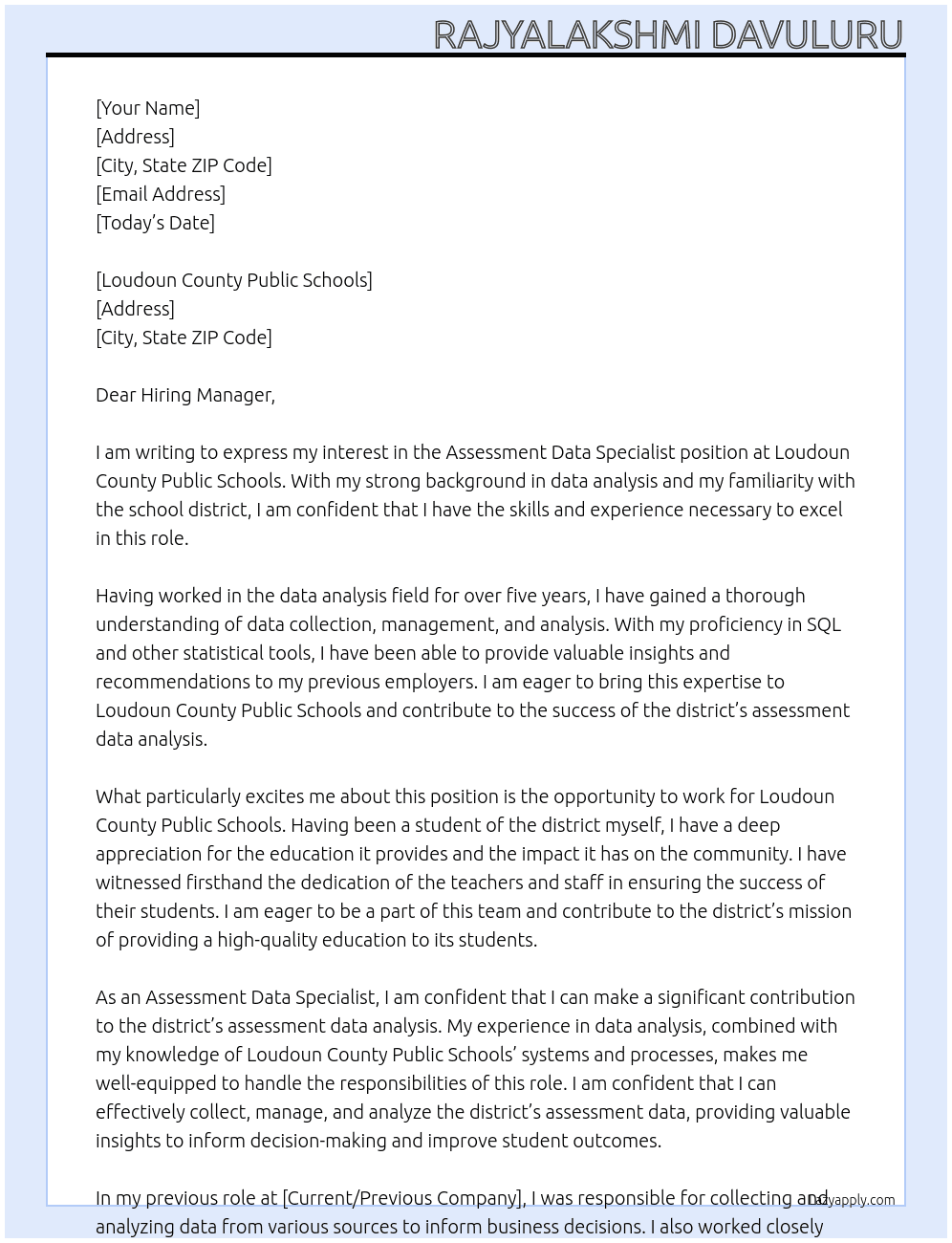 Assessment Data Specialist At Loudoun County Public Schools Cover Letter