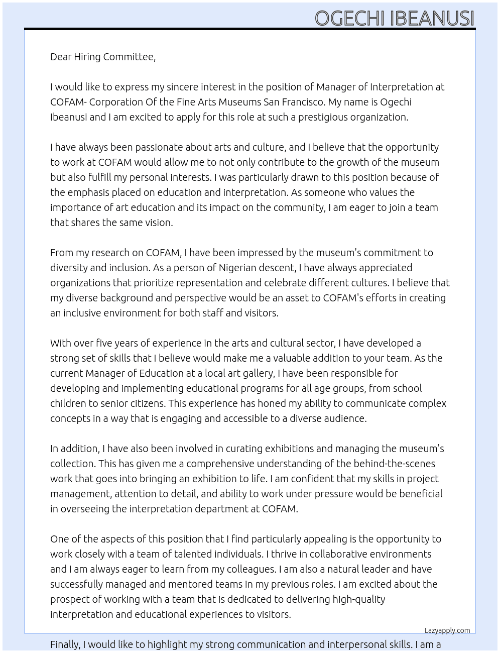 Manager of Interpretation At COFAM- Corporation Of the Fine Arts Museums San Francisco Cover Letter