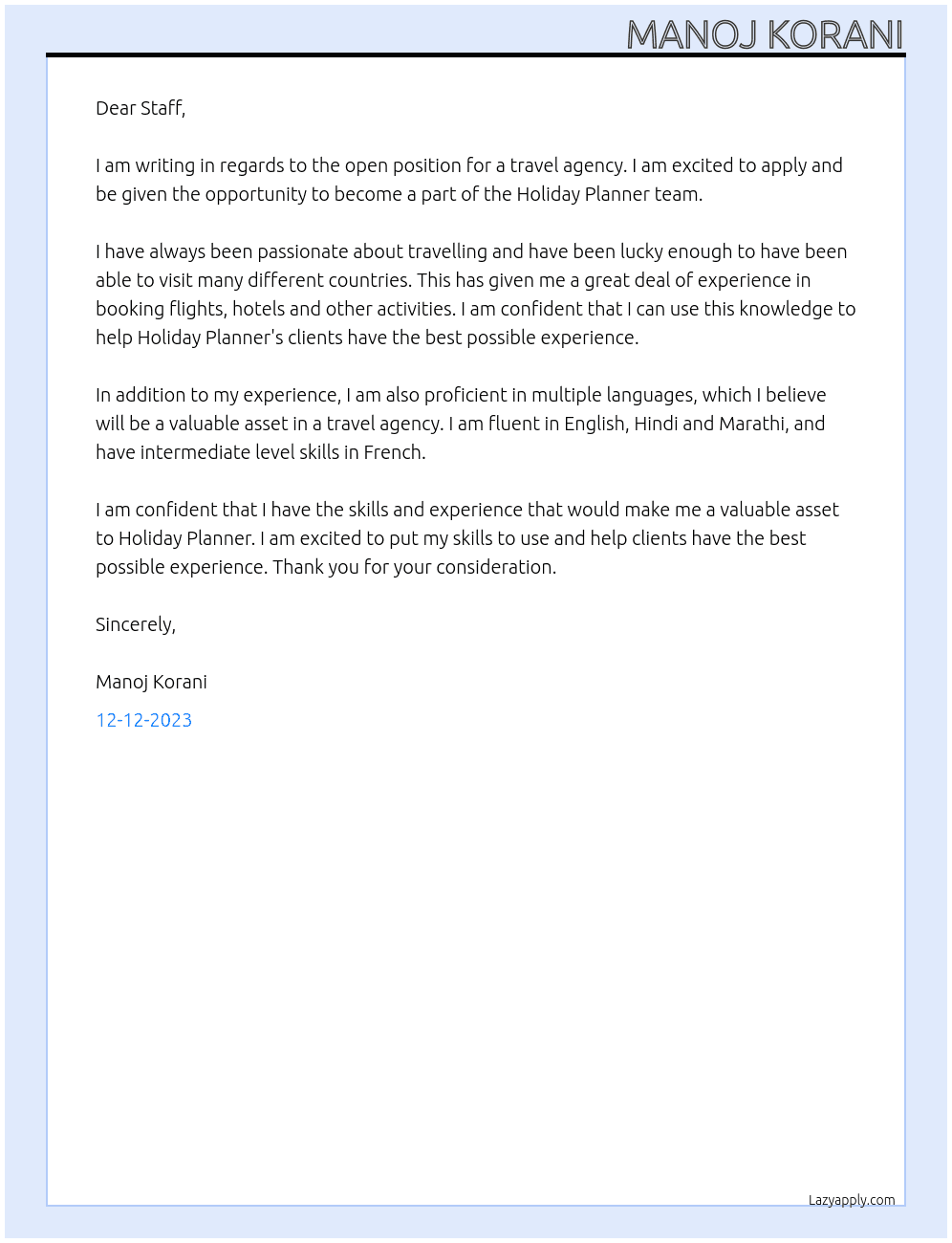 Travel Agency At Holiday Planner Cover Letter
