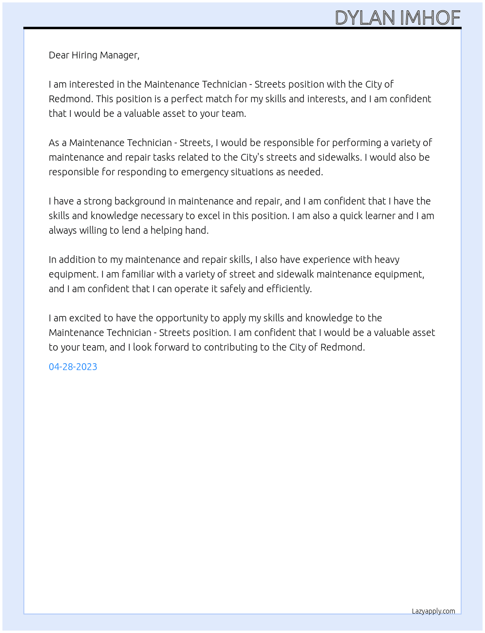Maintenance Technician - Streets  At City of Redmond Cover Letter
