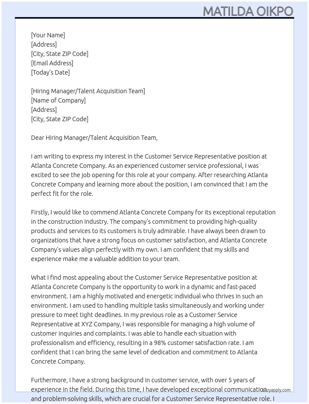 Customer Service Representative At Atlanta Concrete Company Cover Letter