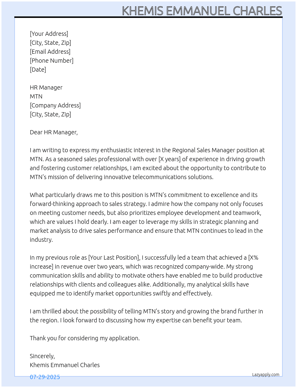 Regional Sales Manager  At MTN Cover Letter