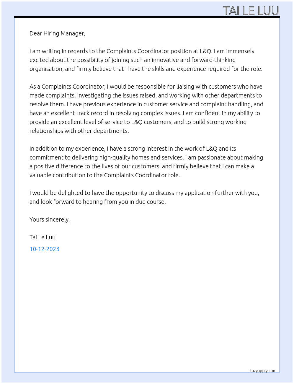 Complaints Coordinator At L&Q Cover Letter