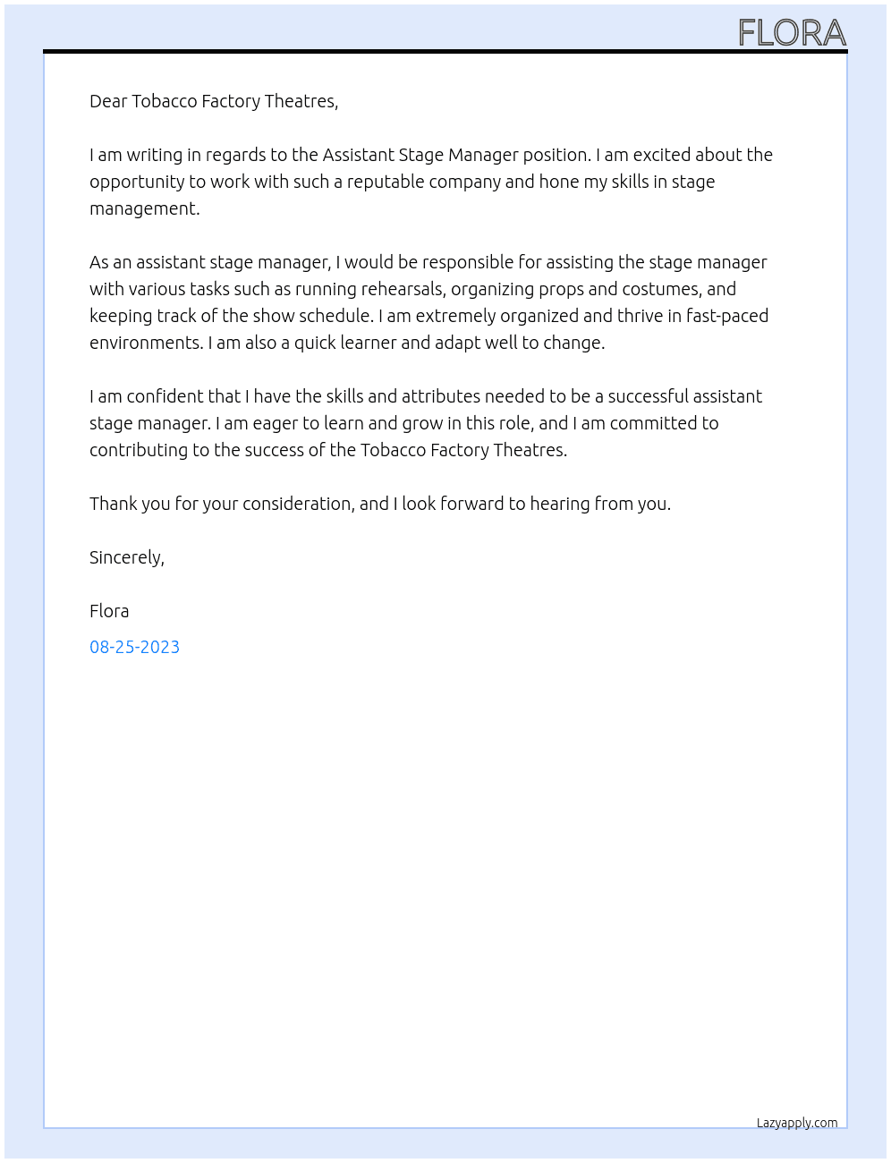 Assistant Stage Manager At Tobacco Factory Theatres Cover Letter