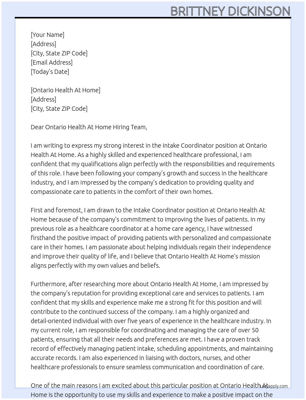Intake Coordinator At Ontario Health At Home Cover Letter