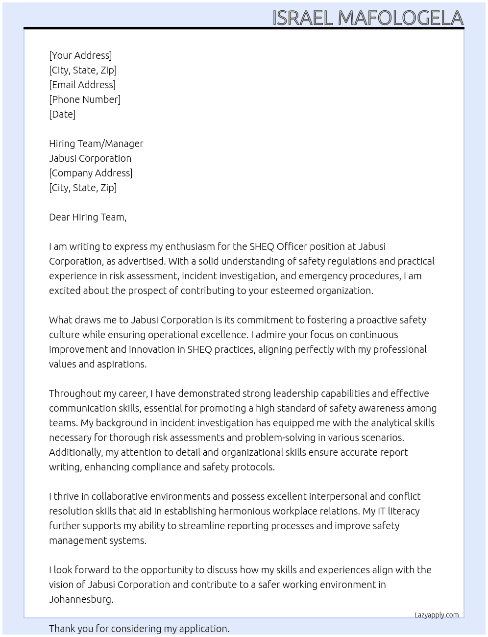 SHEQ Officer At Jabusi Corporation Cover Letter