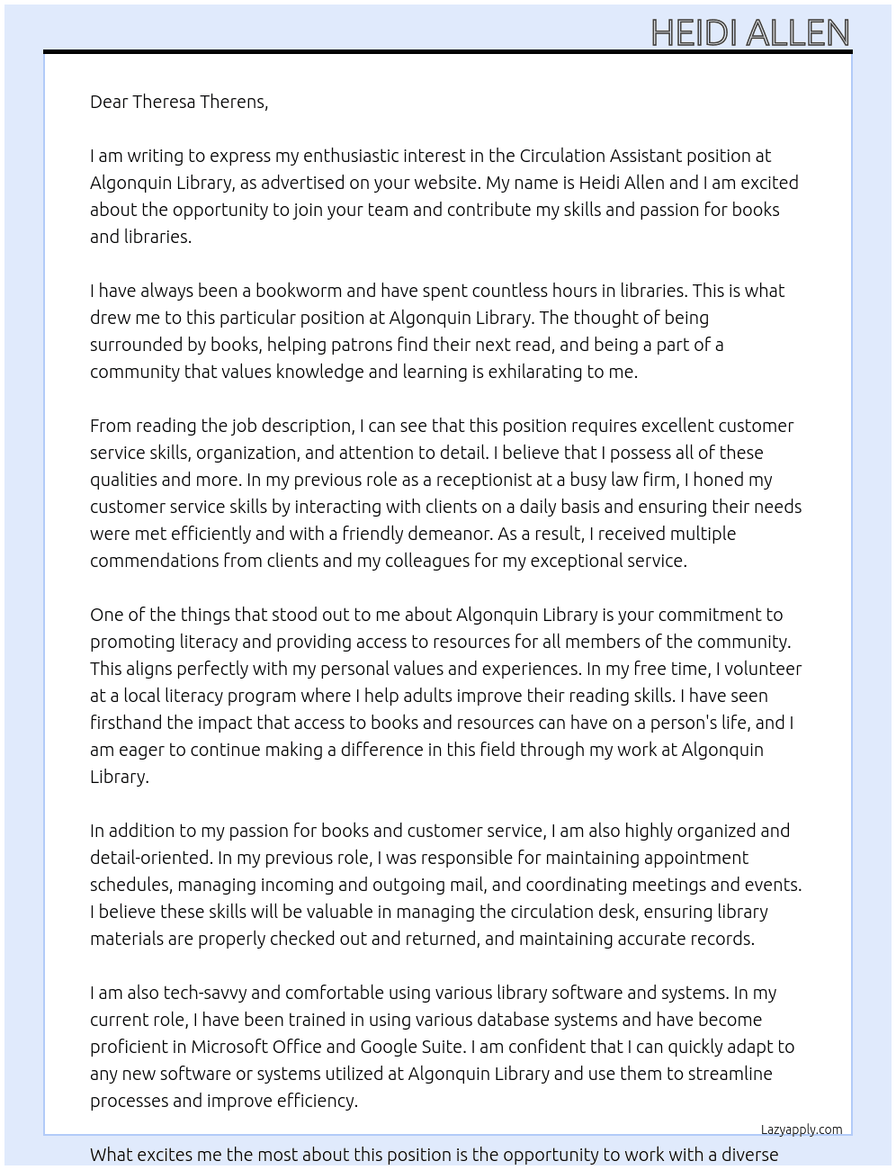 Cover letter for circulation assistant - LazyApply
