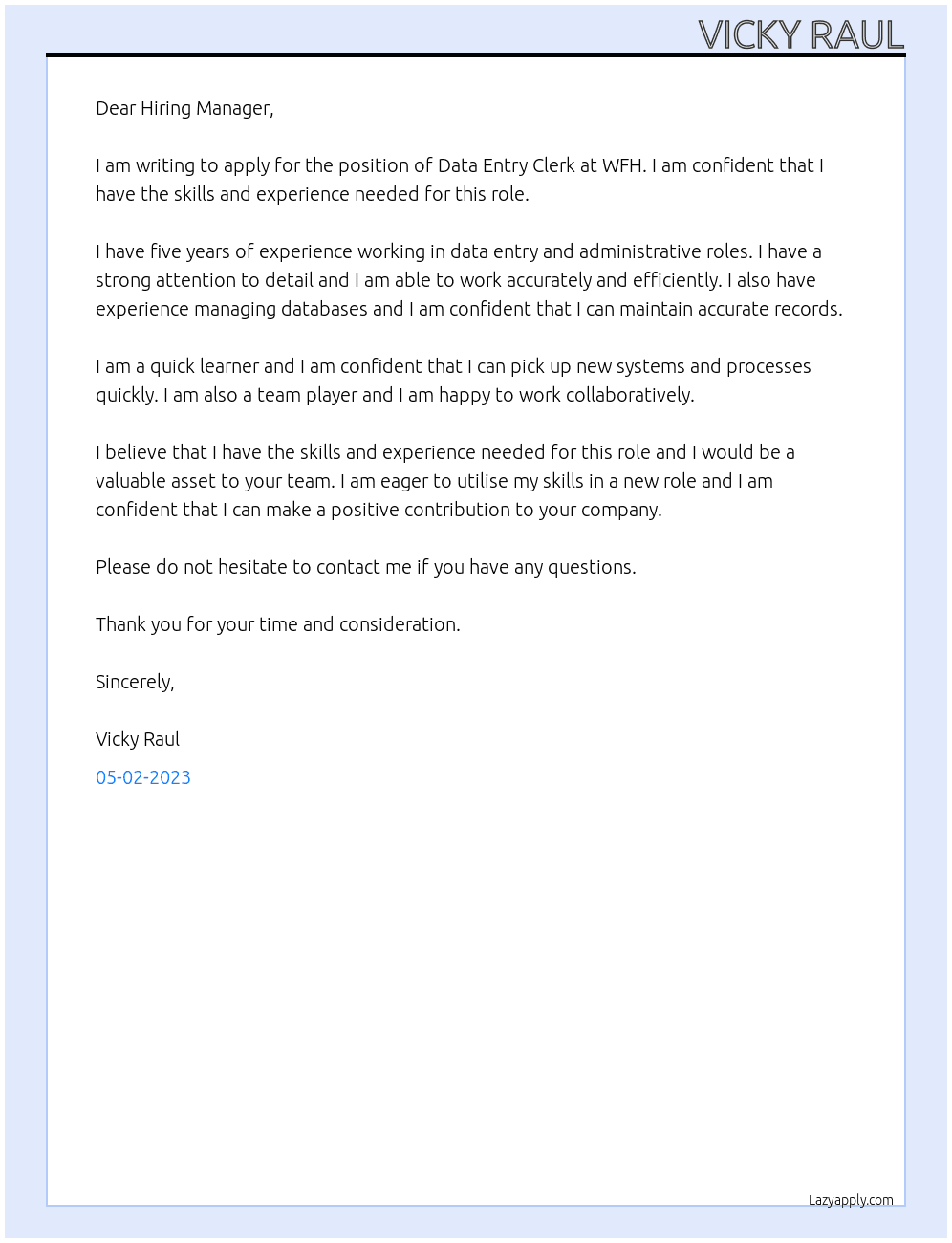 Data entry clerk  At WFH Cover Letter