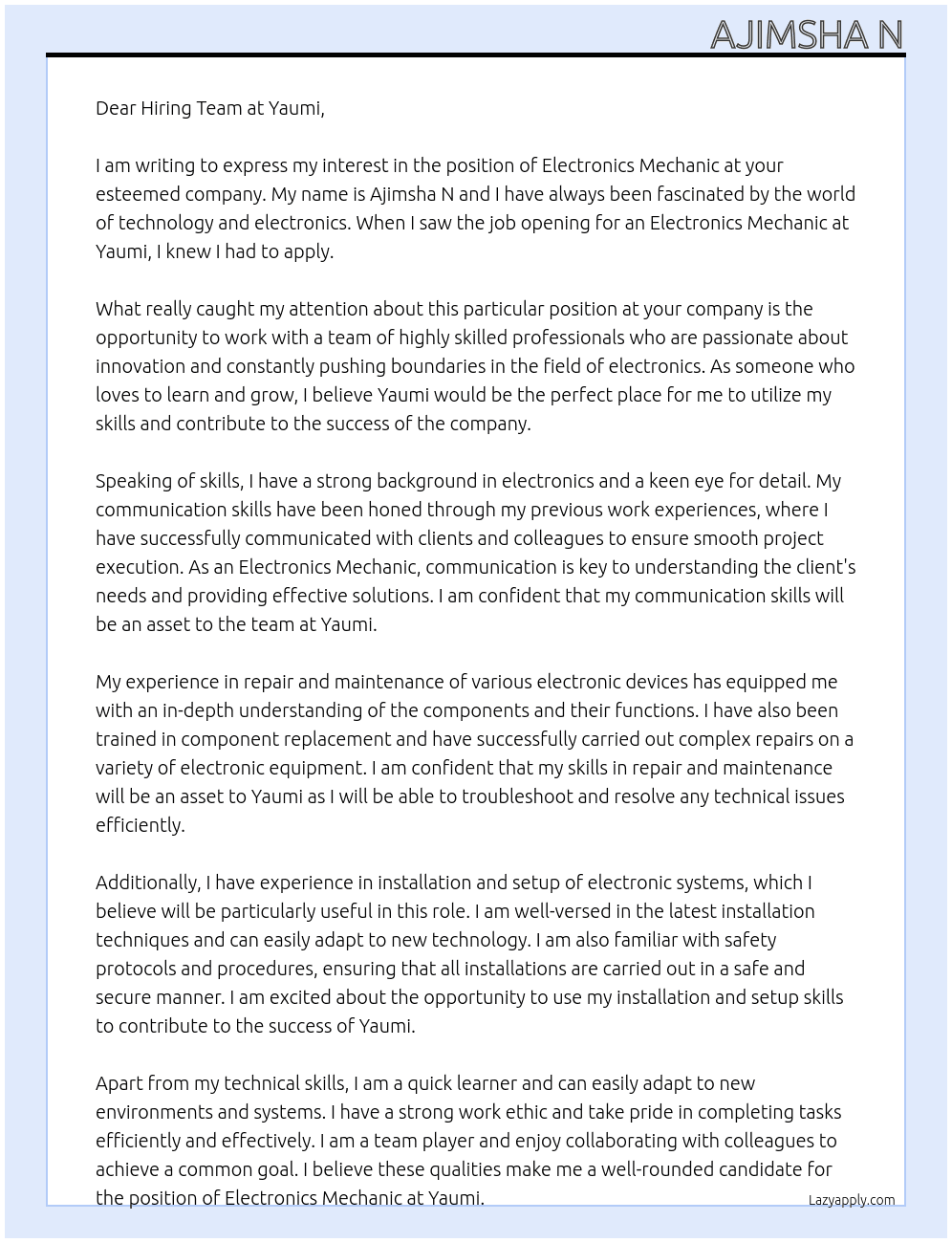 Electronics Mechanic  At Yaumi Cover Letter