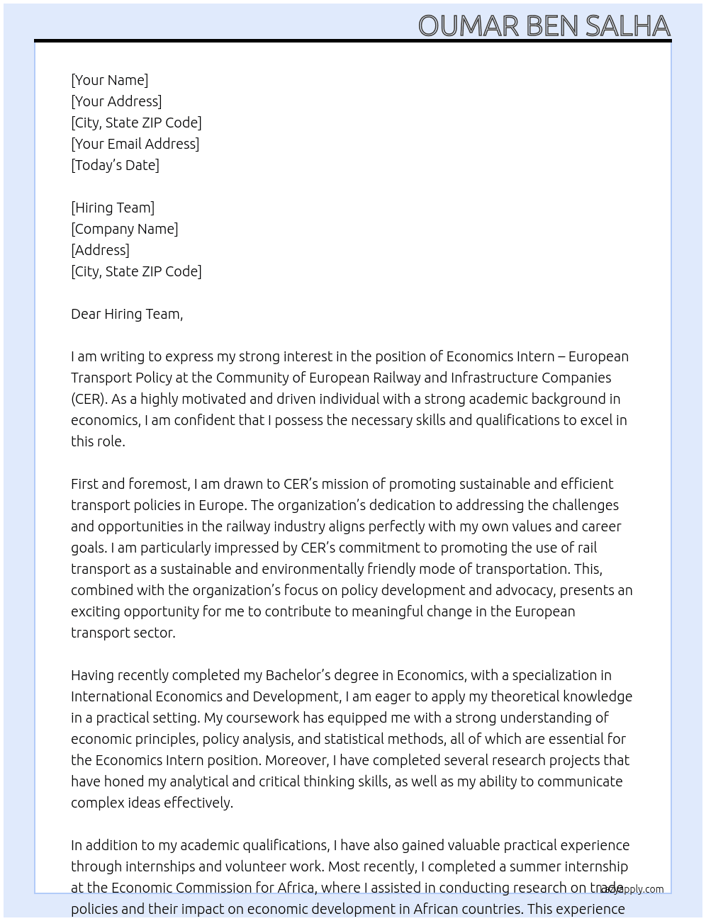 Cover letter for economics intern – european transport policy - LazyApply