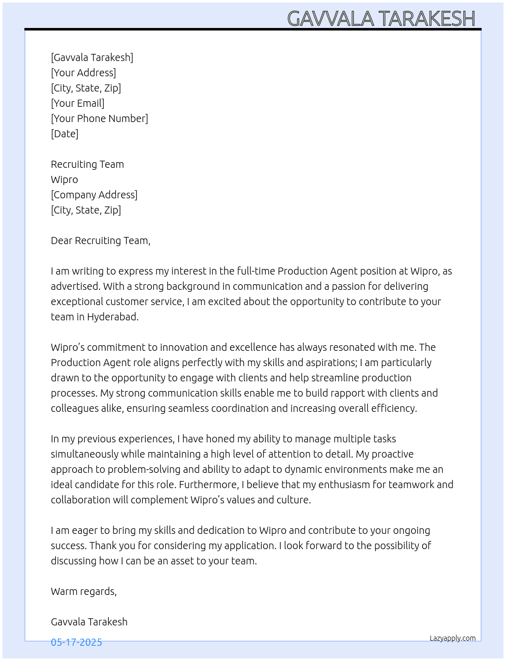 Production Agent  At Wipro Cover Letter