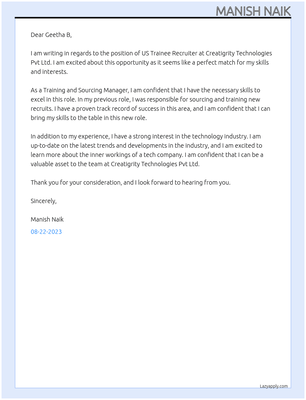  US Trainee Recruiter At Creatigrity Technologies Pvt Ltd Cover Letter