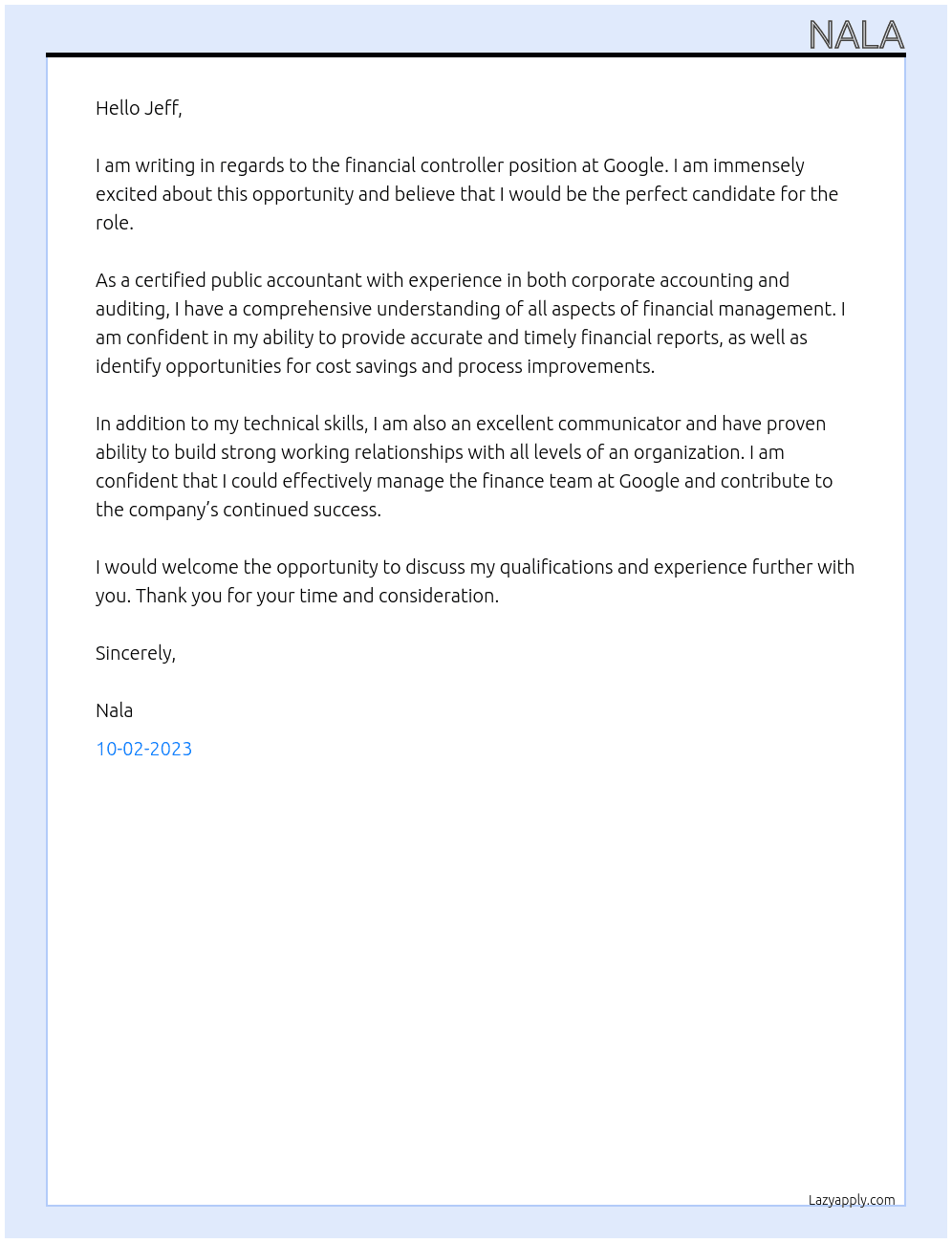 financial controller At google Cover Letter