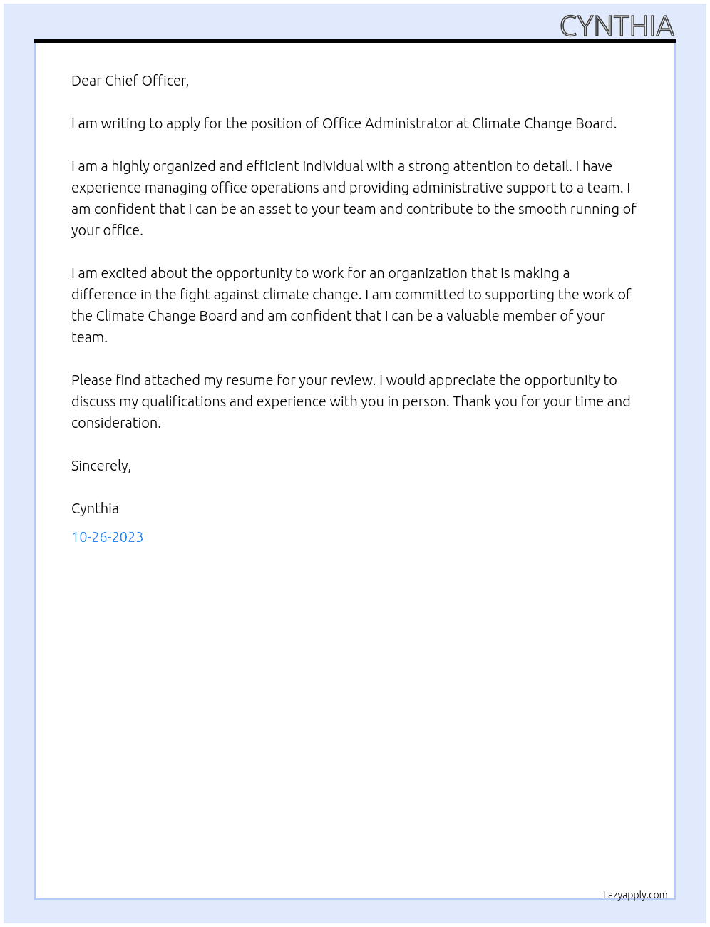 office adminstrator At Climate Change Board Cover Letter