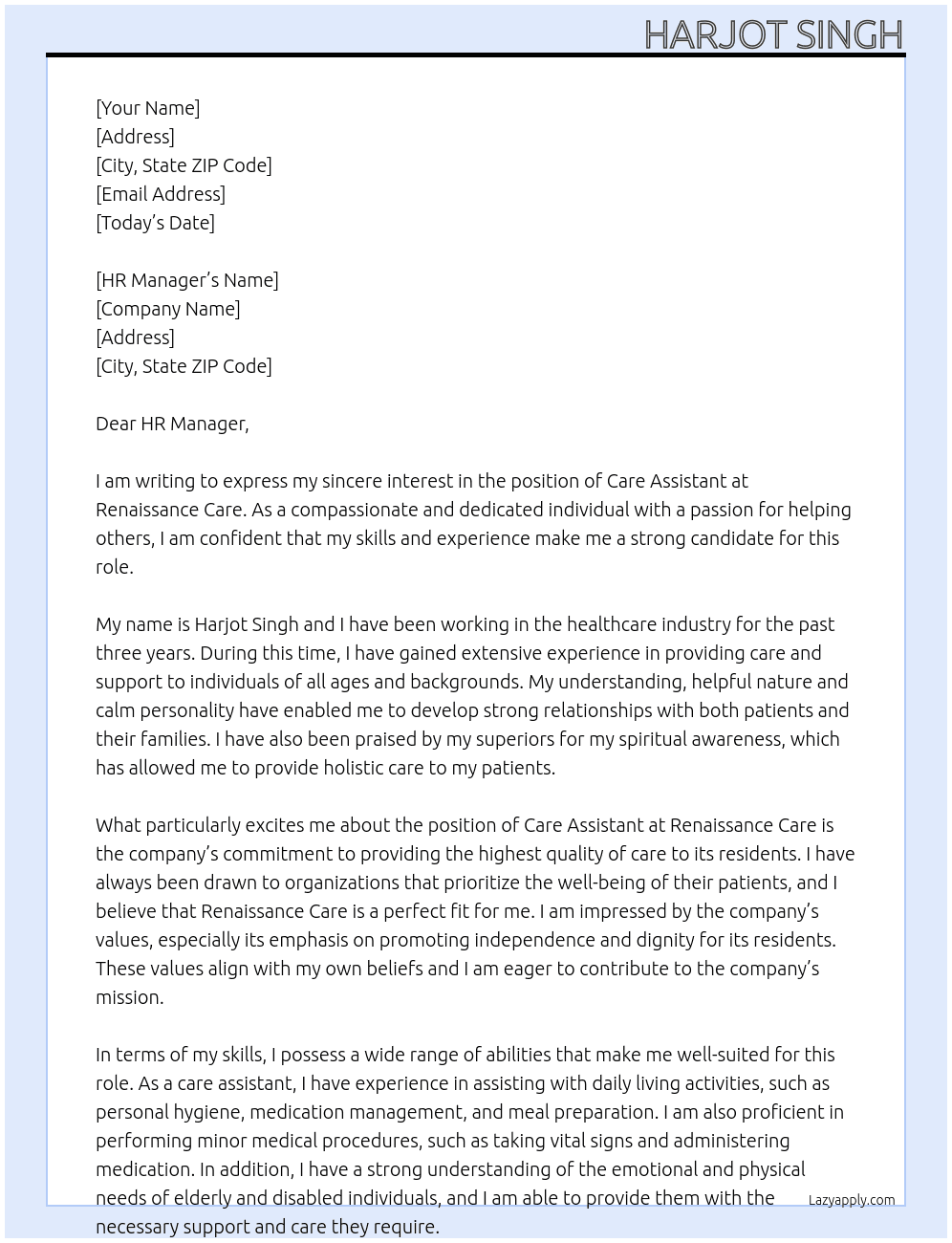 Care Assistant  At Renaissance Care Cover Letter