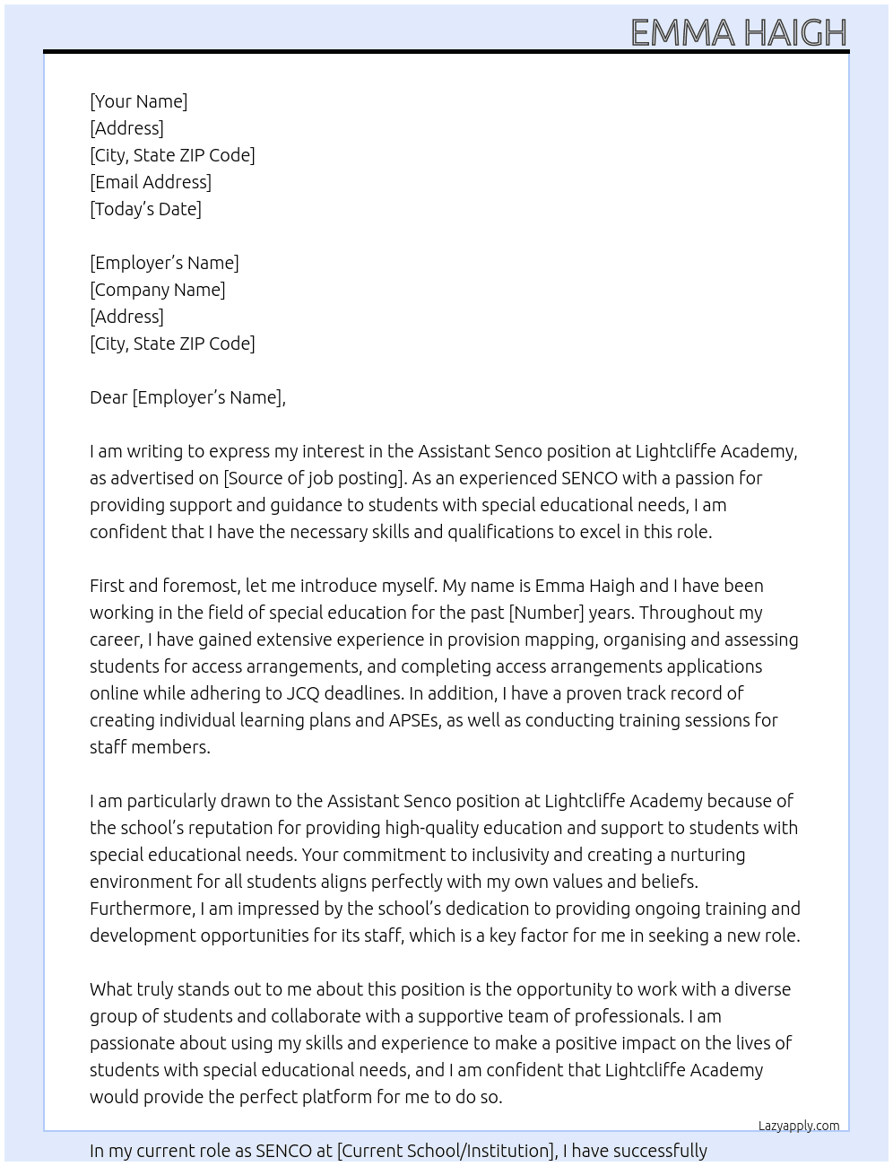 Assistant senco At Lightcliffe Academy  Cover Letter