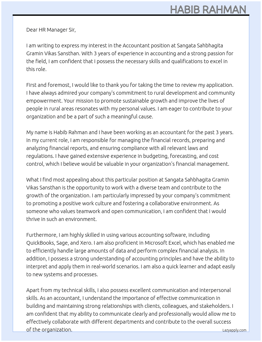 Accountant  At Sangata sahbhagita gramin vikas sansthan  Cover Letter