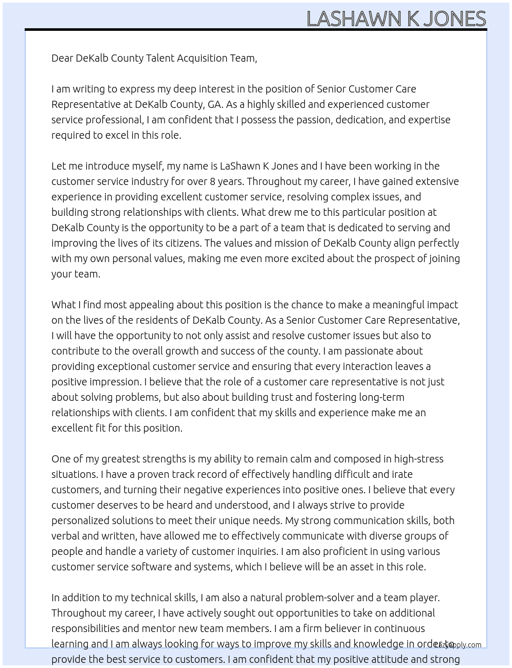 Customer Care Representative, Senior At DeKalb County, GA Cover Letter