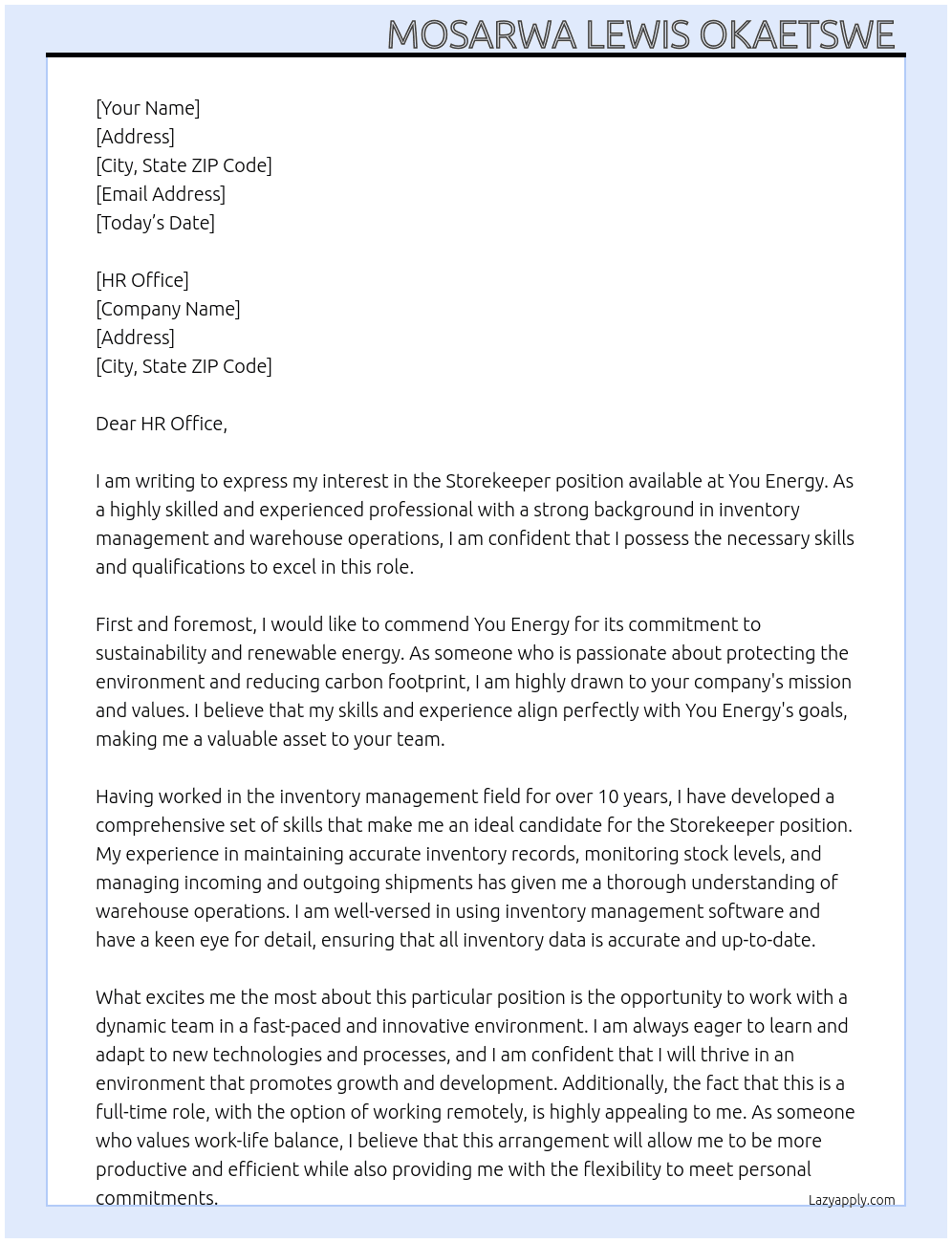 Storekeeper  At You energy  Cover Letter
