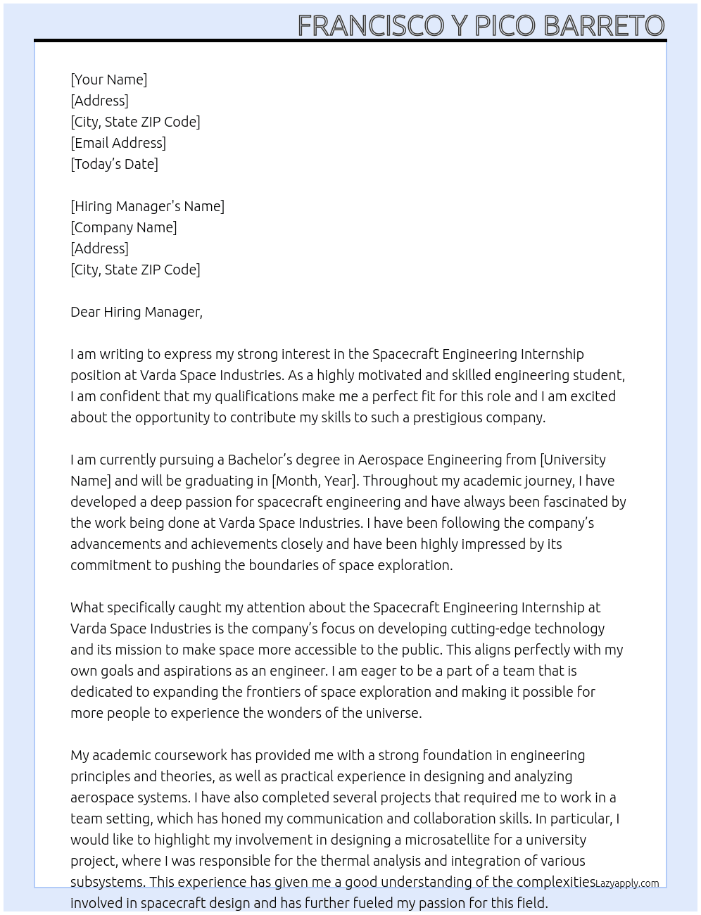 Spacecraft Engineering Internship  At Varda Space Industries Cover Letter