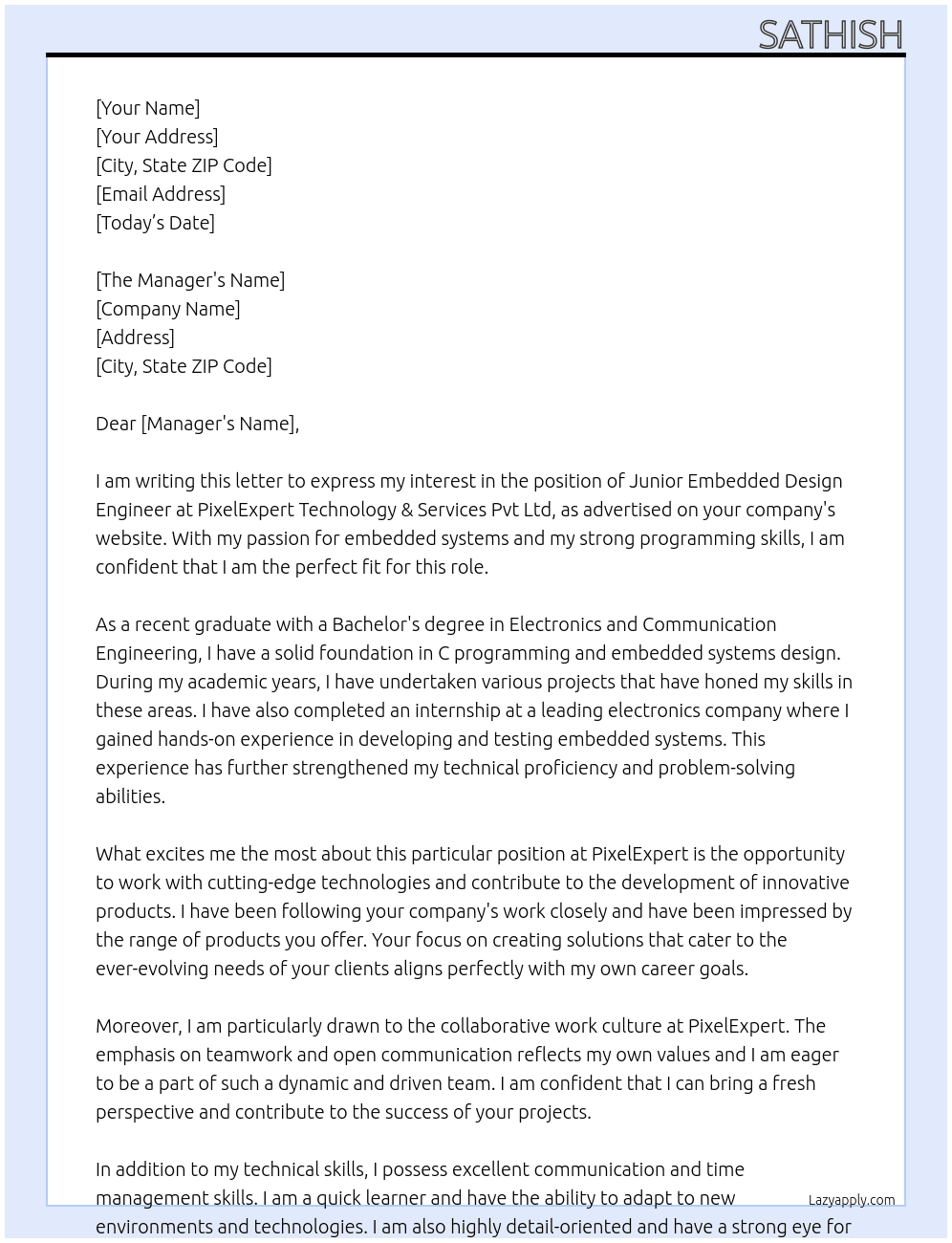 JUNIOR EMBEDDED DESIGN ENGINEER At PixelExpert Technology & Services Pvt Ltd Cover Letter